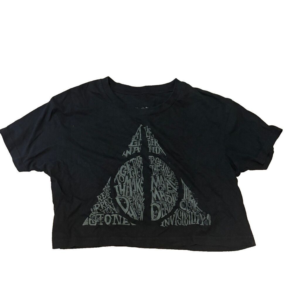Harry Potter Women's Cropped Top The Deathly Hallows Wizarding World Black Sz S - Picture 2 of 6